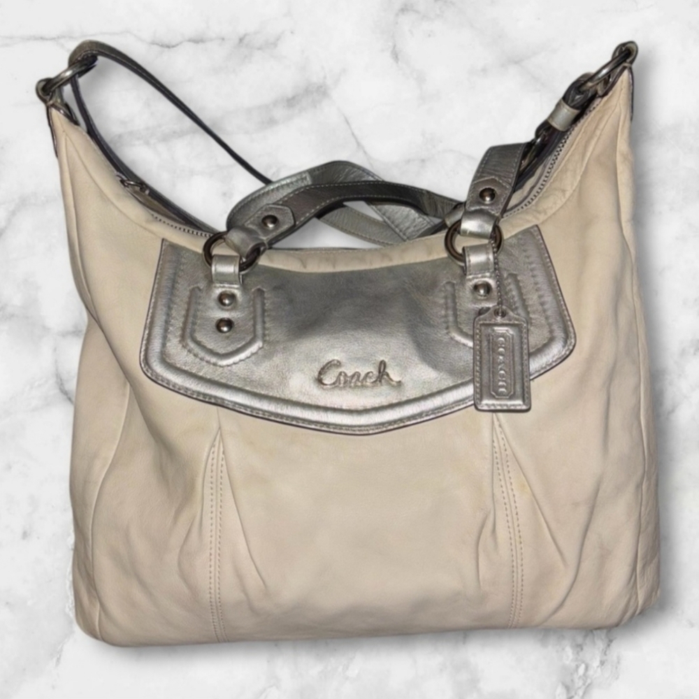 COACH ASHLEY IVORY & SILVER LEATHER CONVERTIBLE SATCHEL TOTE BAG F20104 GUC - Picture 6 of 16